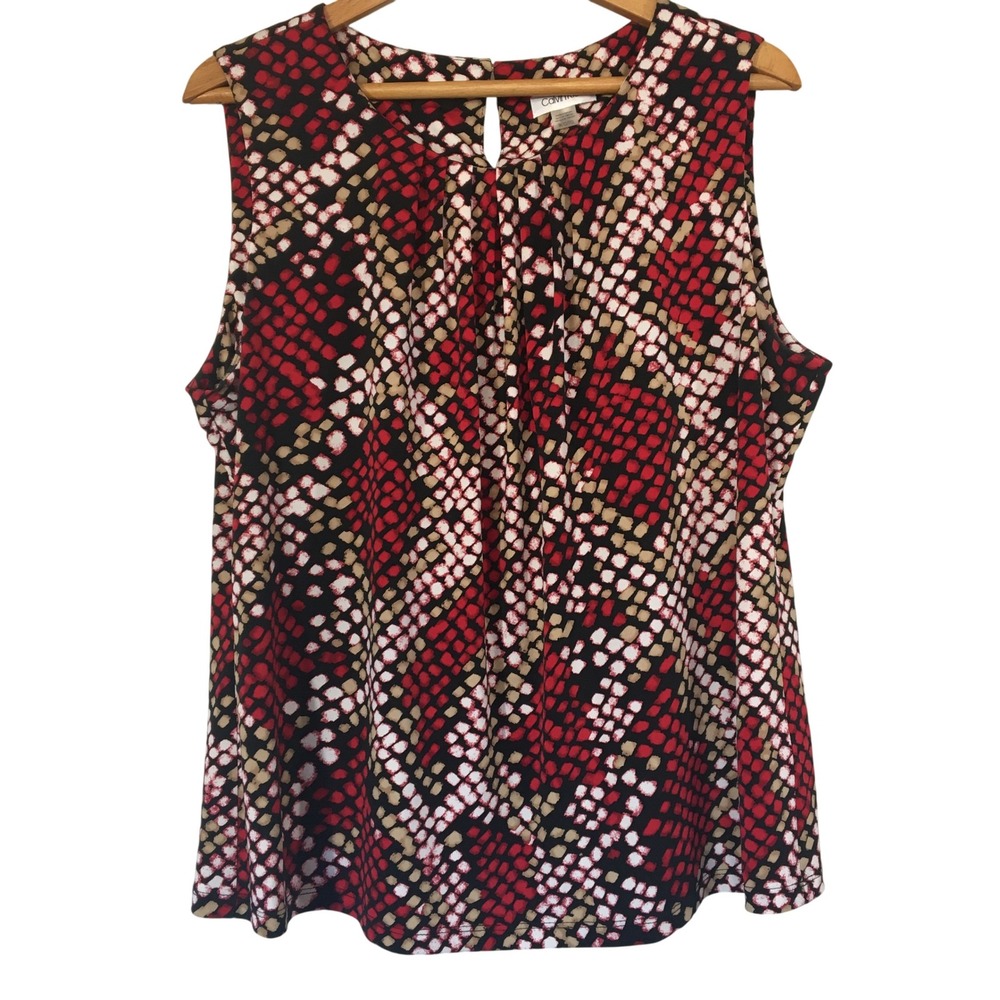 Calvin‎ Klein Red Black Tan Snake Print Pleated Sleeveless Career Tank Shell 1X